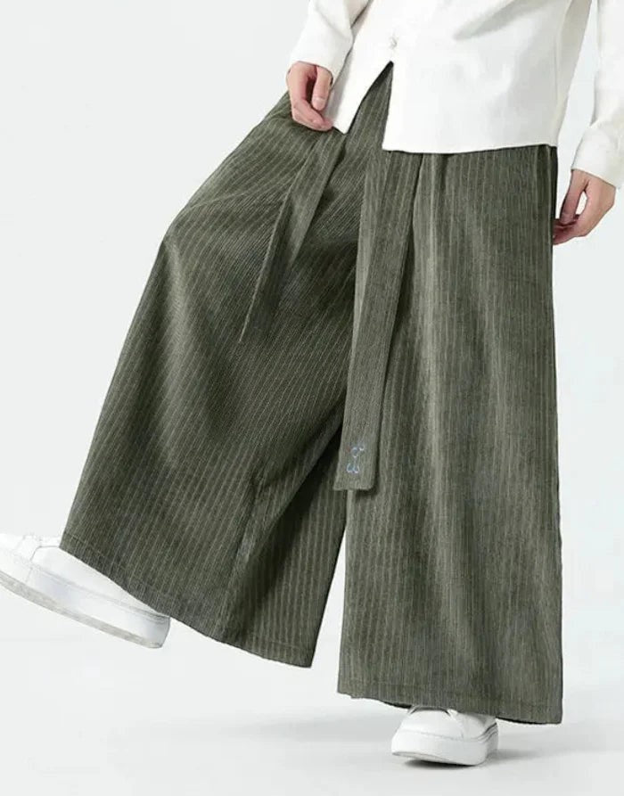 Clotechnow green corduroy Harajuku volume hakama pants with wide-leg silhouette and draped fabric detail
