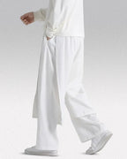 Clotechnow white lightweight drape hakama pants with a wide-leg silhouette worn by a model with white sneakers