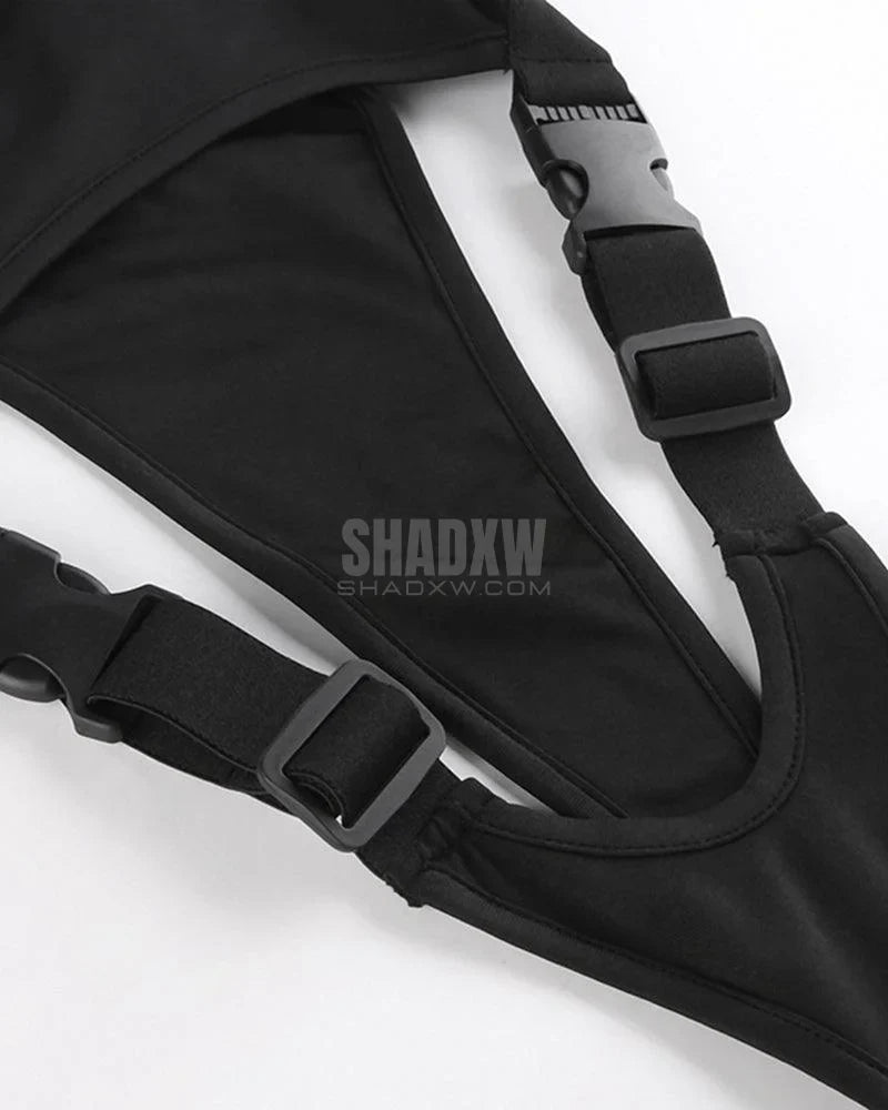 Dark graphic techwear t-shirt with an abstract futuristic print and relaxed urban streetwear silhouette, Clotechnow series 101 — view 13