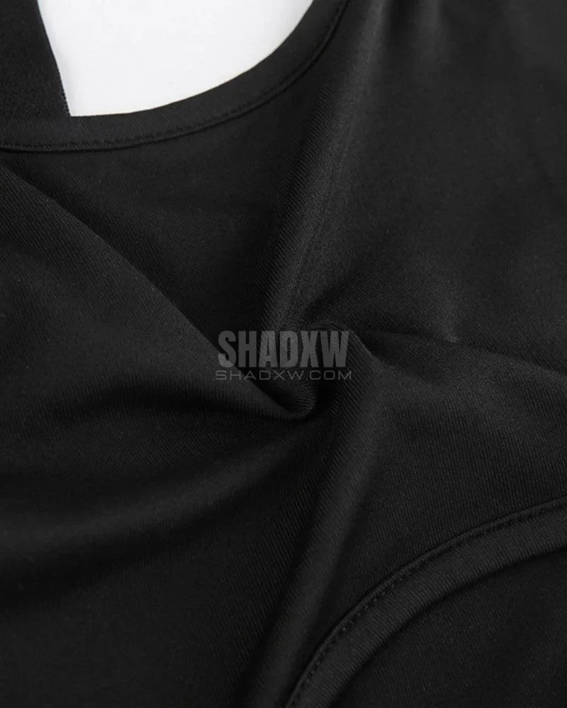 Dark graphic techwear t-shirt with an abstract futuristic print and relaxed urban streetwear silhouette, Clotechnow series 101 — view 16