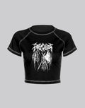 Dark graphic techwear t-shirt with an abstract futuristic print and relaxed urban streetwear silhouette, Clotechnow series 073 — view 1