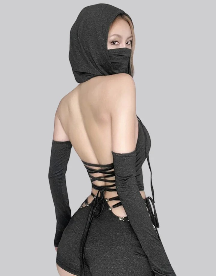 Dark graphic techwear t-shirt with an abstract futuristic print and relaxed urban streetwear silhouette, Clotechnow series 086 — view 2
