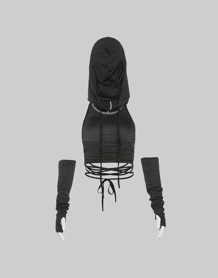 Dark graphic techwear t-shirt with an abstract futuristic print and relaxed urban streetwear silhouette, Clotechnow series 086 — view 11