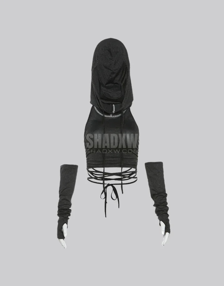 Dark graphic techwear t-shirt with an abstract futuristic print and relaxed urban streetwear silhouette, Clotechnow series 086 — view 11