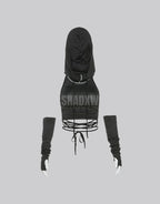 Dark graphic techwear t-shirt with an abstract futuristic print and relaxed urban streetwear silhouette, Clotechnow series 086 — view 11