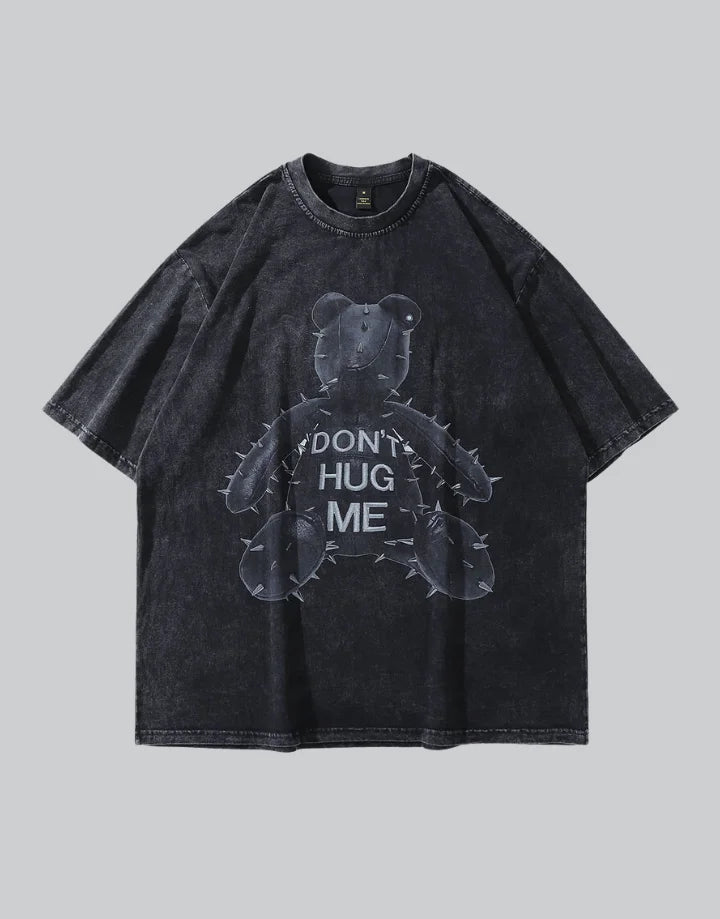 Oversized distressed graphic techwear tee with bold typographic statement and worn aesthetic for alternative urban styling — view 1