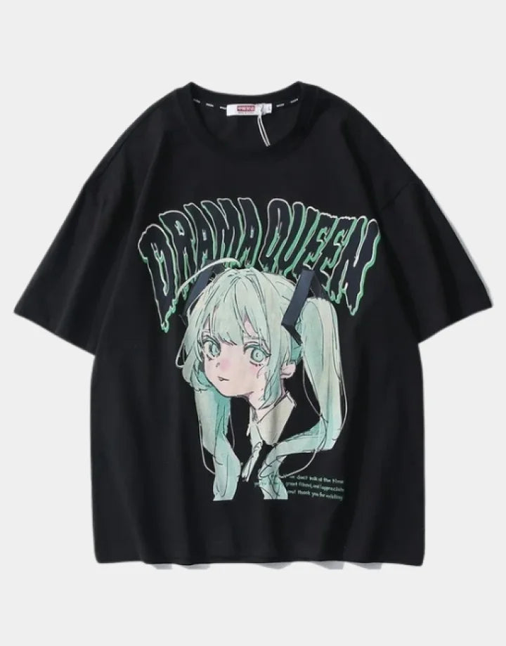 Graphic techwear tee with bold theatrical text and high-contrast artwork centered on the chest for an attention-grabbing street look — view 1