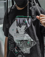 Dark graphic techwear tee showing a stylized pilot motif with cipher and circuit linework creating a futuristic streetwear look — view 5