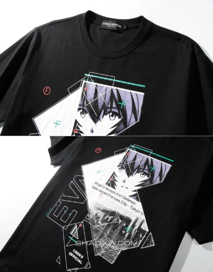 Dark graphic techwear tee showing a stylized pilot motif with cipher and circuit linework creating a futuristic streetwear look — view 2