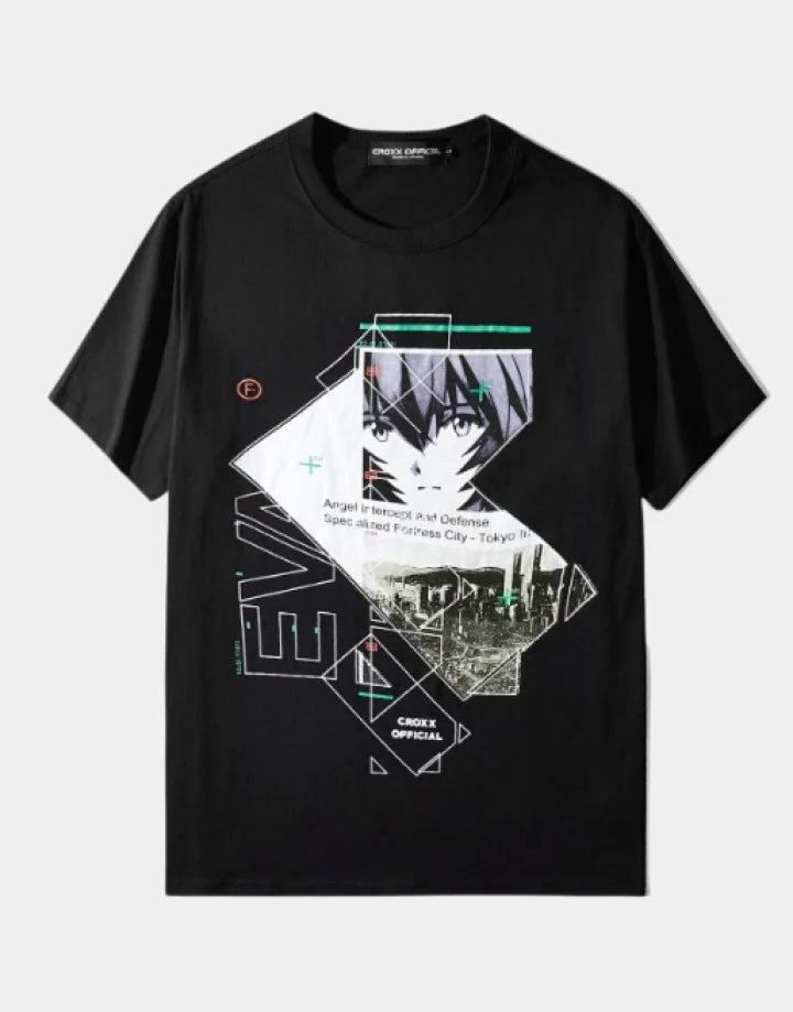 Dark graphic techwear tee showing a stylized pilot motif with cipher and circuit linework creating a futuristic streetwear look — view 1
