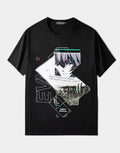 Dark graphic techwear tee showing a stylized pilot motif with cipher and circuit linework creating a futuristic streetwear look — view 1