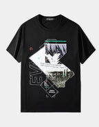 Dark graphic techwear tee showing a stylized pilot motif with cipher and circuit linework creating a futuristic streetwear look — view 1
