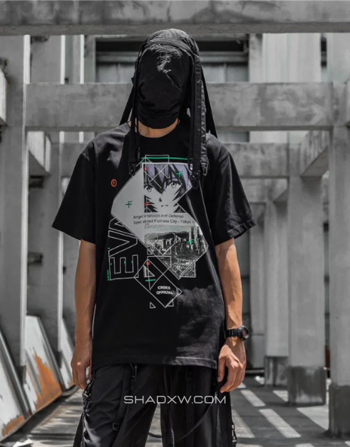 Dark graphic techwear tee showing a stylized pilot motif with cipher and circuit linework creating a futuristic streetwear look — view 3
