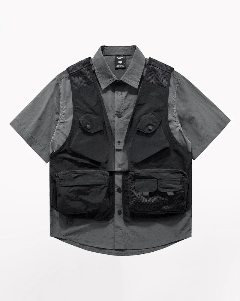 Dark graphic techwear t-shirt with an abstract futuristic print and relaxed urban streetwear silhouette, Clotechnow series 091 — view 4