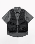 Dark graphic techwear t-shirt with an abstract futuristic print and relaxed urban streetwear silhouette, Clotechnow series 091 — view 4
