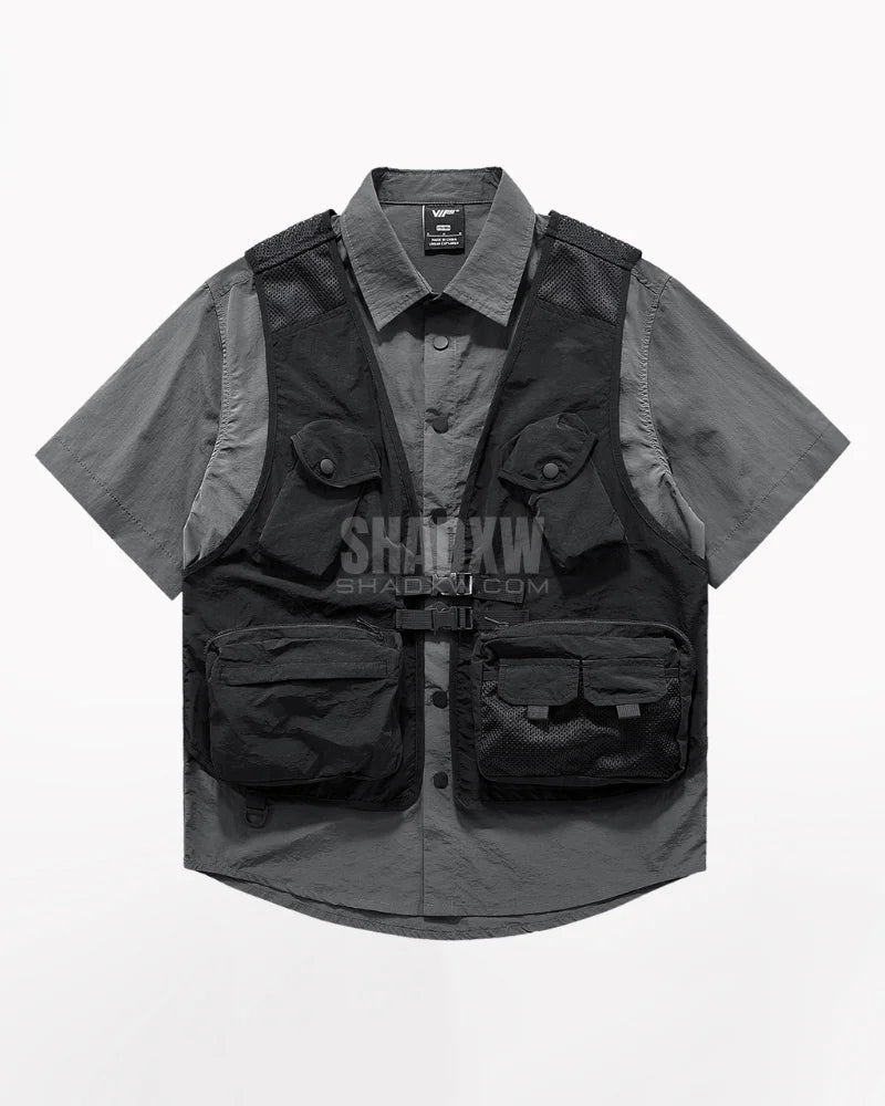 Dark graphic techwear t-shirt with an abstract futuristic print and relaxed urban streetwear silhouette, Clotechnow series 091 — view 4