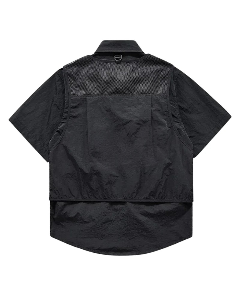 Dark graphic techwear t-shirt with an abstract futuristic print and relaxed urban streetwear silhouette, Clotechnow series 091 — view 3
