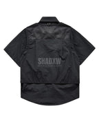 Dark graphic techwear t-shirt with an abstract futuristic print and relaxed urban streetwear silhouette, Clotechnow series 091 — view 3