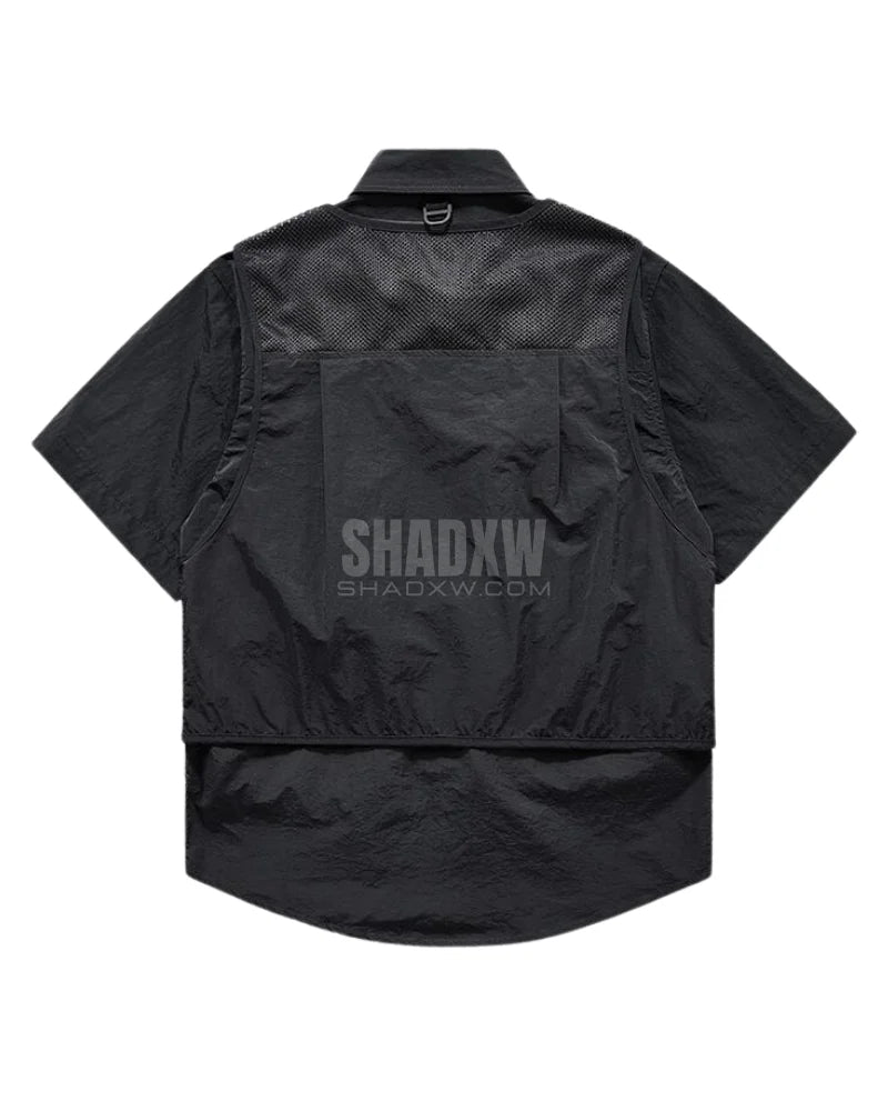 Dark graphic techwear t-shirt with an abstract futuristic print and relaxed urban streetwear silhouette, Clotechnow series 091 — view 3