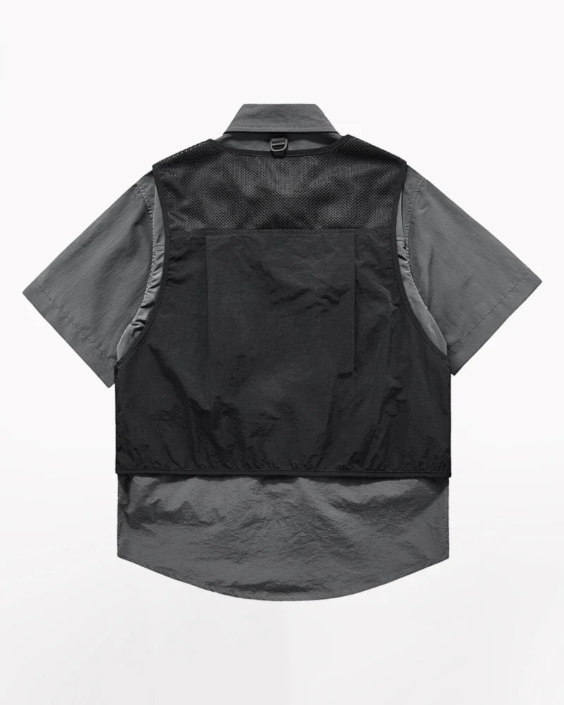 Dark graphic techwear t-shirt with an abstract futuristic print and relaxed urban streetwear silhouette, Clotechnow series 091 — view 5