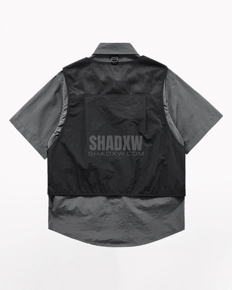 Dark graphic techwear t-shirt with an abstract futuristic print and relaxed urban streetwear silhouette, Clotechnow series 091 — view 5