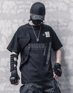 Minimal utility techwear t-shirt in dark tone with clean lines, extended hem, and understated futuristic street style — view 4