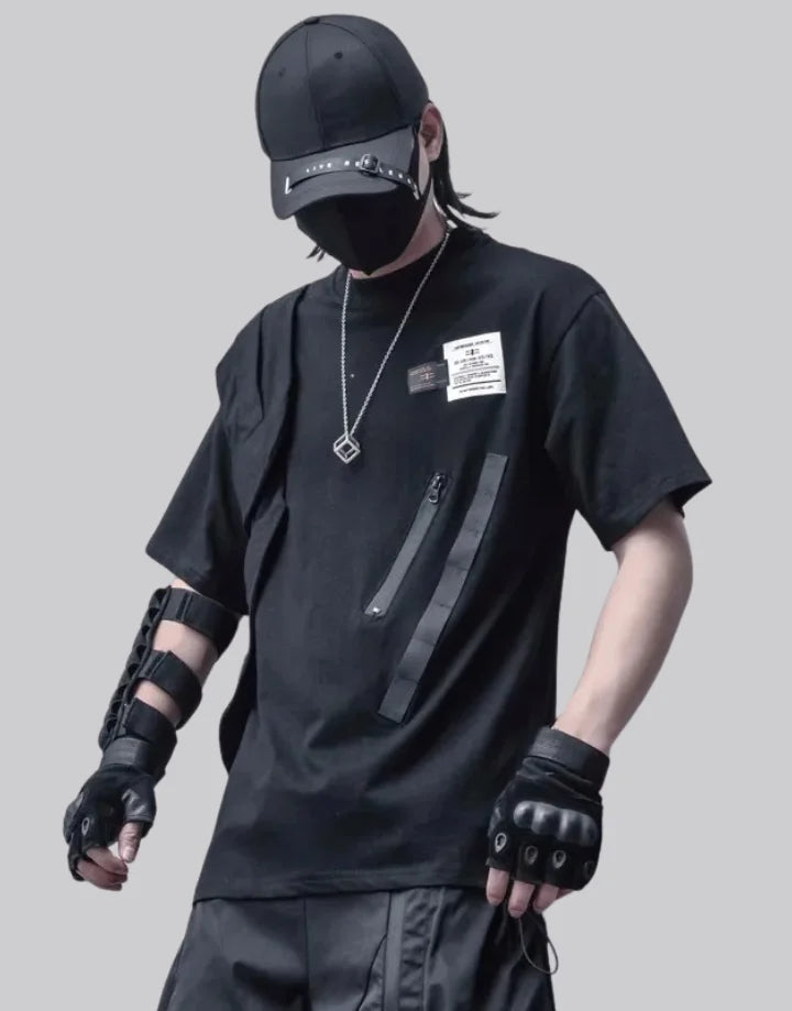 Minimal utility techwear t-shirt in dark tone with clean lines, extended hem, and understated futuristic street style — view 1