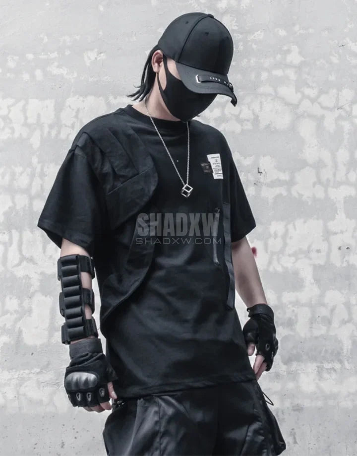 Minimal utility techwear t-shirt in dark tone with clean lines, extended hem, and understated futuristic street style — view 3