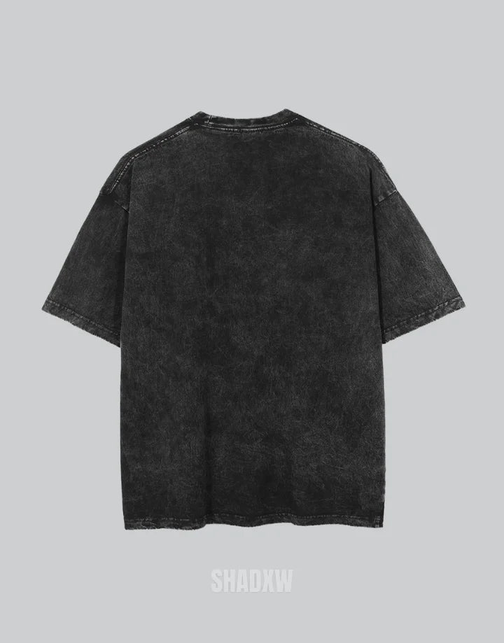 Oversized techwear t-shirt featuring a dark abstract grin graphic and shadow motifs, unisex cut and urban streetwear styling — view 2