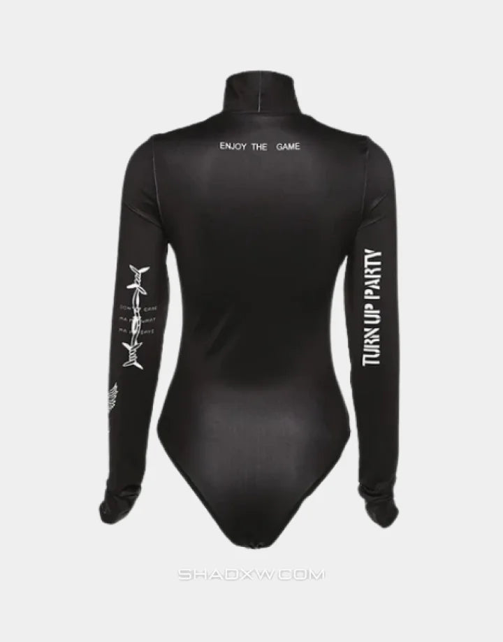 Black long-sleeve fitted bodysuit with multiple gothic-style graphic accents across the torso and sleeves for layered outfits — view 2