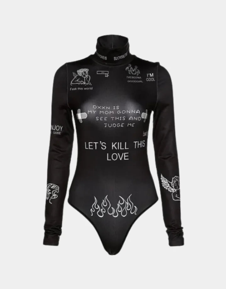 Black long-sleeve fitted bodysuit with multiple gothic-style graphic accents across the torso and sleeves for layered outfits — view 1