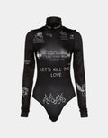 Black long-sleeve fitted bodysuit with multiple gothic-style graphic accents across the torso and sleeves for layered outfits — view 1