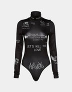 Black long-sleeve fitted bodysuit with multiple gothic-style graphic accents across the torso and sleeves for layered outfits — view 1