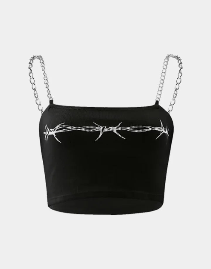 Short goth crop top with white barbed wire graphic across the chest and metal-style chain shoulder straps for a street goth look — view 1