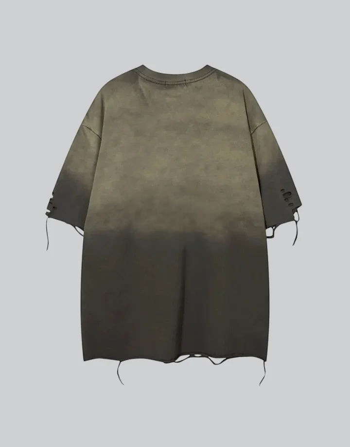 Dark graphic techwear t-shirt with an abstract futuristic print and relaxed urban streetwear silhouette, Clotechnow series 090 — view 2