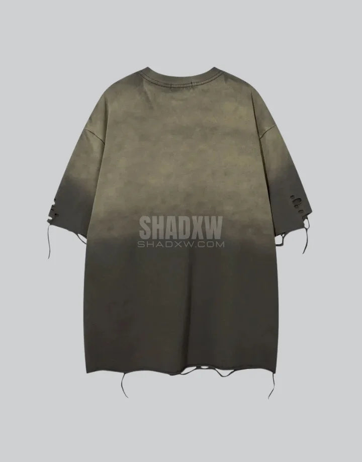 Dark graphic techwear t-shirt with an abstract futuristic print and relaxed urban streetwear silhouette, Clotechnow series 090 — view 2