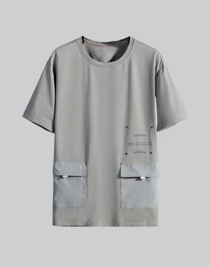 Dark graphic techwear t-shirt with an abstract futuristic print and relaxed urban streetwear silhouette, Clotechnow series 050 — view 1