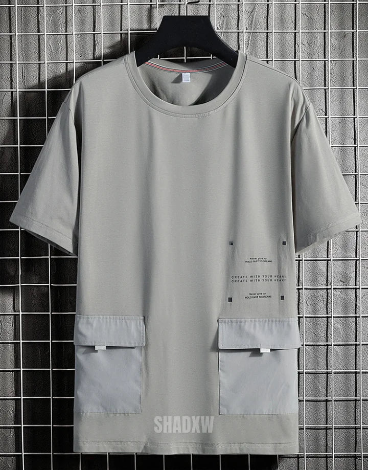 Dark graphic techwear t-shirt with an abstract futuristic print and relaxed urban streetwear silhouette, Clotechnow series 050 — view 2