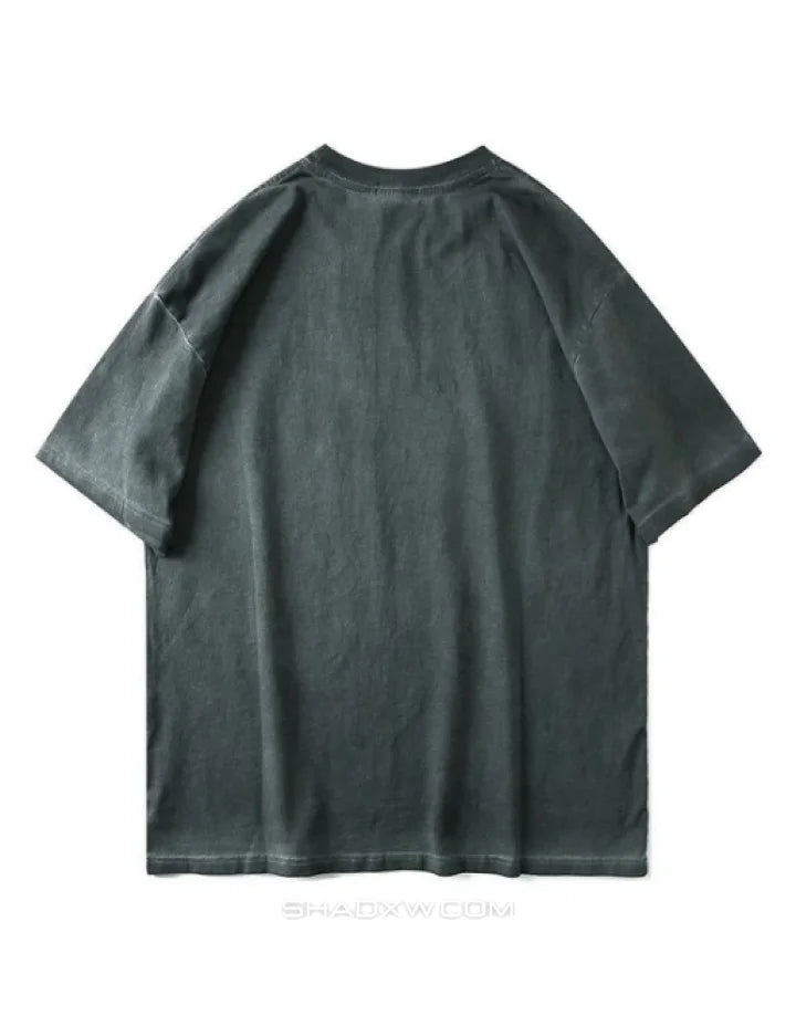 Unisex oversized techwear t-shirt with distressed grunge graphic, muted tones and a worn-in streetwear aesthetic — view 3