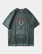 Unisex oversized techwear t-shirt with distressed grunge graphic, muted tones and a worn-in streetwear aesthetic — view 1