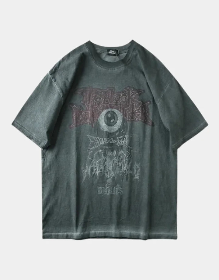 Unisex oversized techwear t-shirt with distressed grunge graphic, muted tones and a worn-in streetwear aesthetic — view 1