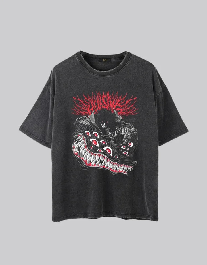 Dark graphic techwear t-shirt with an abstract futuristic print and relaxed urban streetwear silhouette, Clotechnow series 076 — view 1