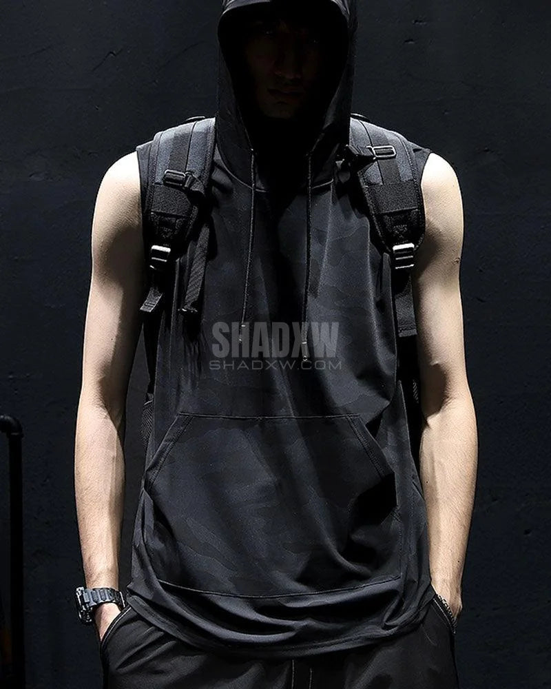 Dark graphic techwear t-shirt with an abstract futuristic print and relaxed urban streetwear silhouette, Clotechnow series 095 — view 3