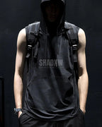 Dark graphic techwear t-shirt with an abstract futuristic print and relaxed urban streetwear silhouette, Clotechnow series 095 — view 3