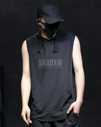 Dark graphic techwear t-shirt with an abstract futuristic print and relaxed urban streetwear silhouette, Clotechnow series 095 — view 4