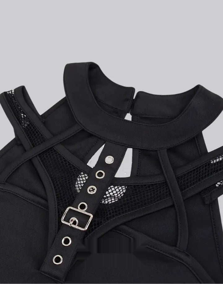 Dark graphic techwear t-shirt with an abstract futuristic print and relaxed urban streetwear silhouette, Clotechnow series 070 — view 7