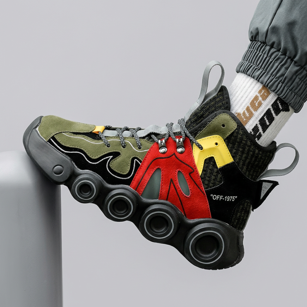Olive and red sneaker resting on a studio support