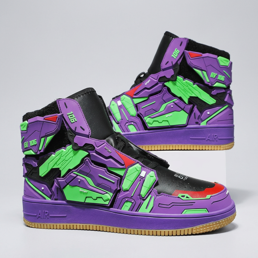 Purple and green futuristic sneakers without wing attachments