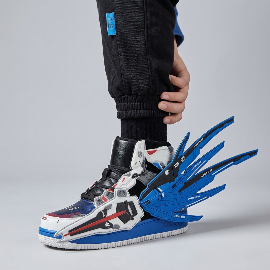 Blue and white winged sneaker worn with black joggers