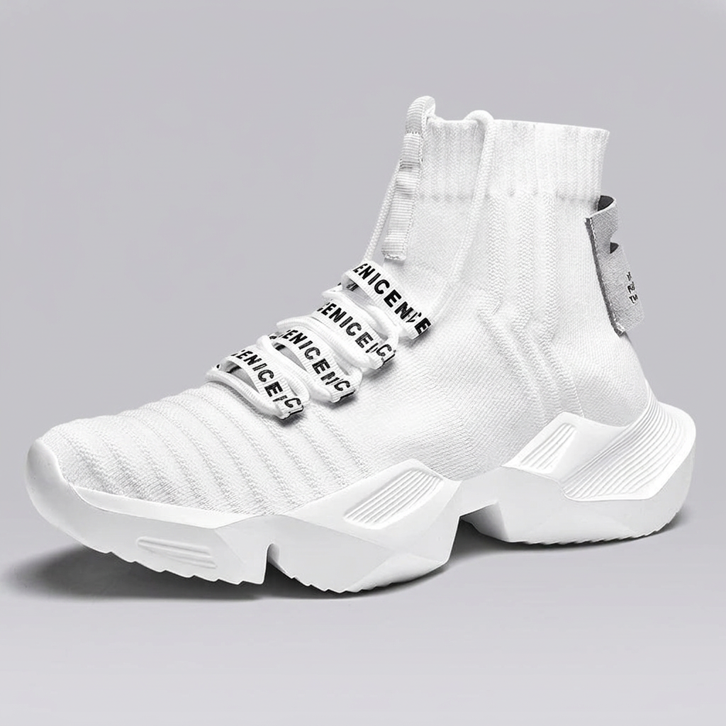 White C TECH high-top cyberpunk sneaker with sculpted Hyper Sole, three-quarter view